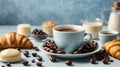 Breakfast concept. Coffee espresso in white cup, coffee beans, capsules, croissants, Royalty Free Stock Photo