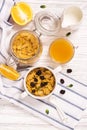 Breakfast concept with corn flakes, milk and orange juice Royalty Free Stock Photo