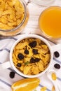 Breakfast concept with corn flakes, milk and orange juice Royalty Free Stock Photo