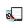 Breakfast concept. Electronic book, coffee and cake. Hobby reading. Vector flat illustration Royalty Free Stock Photo