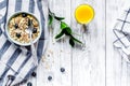 Breakfast concept with flowers on wooden background top view Royalty Free Stock Photo