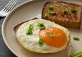 Breakfast Concept. Fried egg and rye fried bread slices