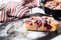 Breakfast concept, Homemade slice of shortbread dough raspberry pie with almond petals