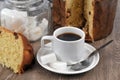 Cup of coffee and a slice of panettone close up