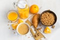 Breakfast concept - orange juice, croissant, coffee and wheat Royalty Free Stock Photo