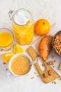 Breakfast concept - orange juice, croissant and coffee Royalty Free Stock Photo