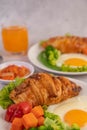 Breakfast consisting of bread, fried eggs, broccoli, carrots, tomatoes and lettuce on a white plate Royalty Free Stock Photo