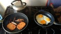 Breakfast Cooking On My Stove Hashbrowns, Sausage and Eggs Royalty Free Stock Photo