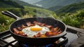 Sunrise Breakfast: Sunny-Side Up Egg and Crispy Bacon on Cast Iron Pan with Mountain View Royalty Free Stock Photo