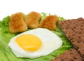 Breakfast copy space: fried egg, lettuce, crisp bread and nugget Royalty Free Stock Photo
