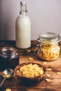 Breakfast with corn flakes, milk and jam Royalty Free Stock Photo