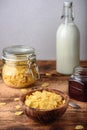 Breakfast with corn flakes, milk and jam Royalty Free Stock Photo