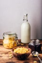 Breakfast with corn flakes, milk and jam Royalty Free Stock Photo