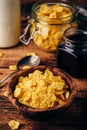 Breakfast with corn flakes, milk and jam Royalty Free Stock Photo