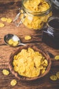 Breakfast with corn flakes, milk and jam Royalty Free Stock Photo