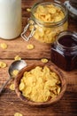 Breakfast with corn flakes, milk and jam Royalty Free Stock Photo