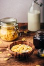 Breakfast with corn flakes, milk and jam Royalty Free Stock Photo