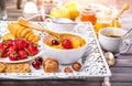 Breakfast with cornflakes berry honey and croissant Royalty Free Stock Photo
