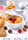 Breakfast with cornflakes berry honey light croissant Royalty Free Stock Photo