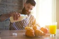 Breakfast with cornflakes, milk and croissant Royalty Free Stock Photo