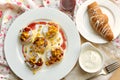 Breakfast with Cottage cheese pancakes and fruits Royalty Free Stock Photo