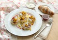 Breakfast with Cottage cheese pancakes and fruits. Royalty Free Stock Photo