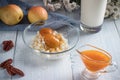 Breakfast of cottage cheese, pear Royalty Free Stock Photo