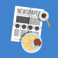 Breakfast croissant with biscuits with coffee top view. Newspaper on table with food illustration. Morning breakfast food and Royalty Free Stock Photo