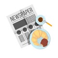 Breakfast croissant with biscuits with coffee top view. Newspaper on table with food illustration. Morning breakfast food and Royalty Free Stock Photo