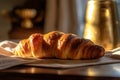 breakfast croissant bokeh drink background table morning food background fresh bakery cup. Generative AI.