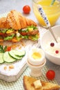 Breakfast with croissant sandwich, rice, Casas berries, boiled e Royalty Free Stock Photo