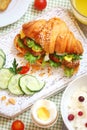 Breakfast with croissant sandwich, rice, Casas berries, boiled e Royalty Free Stock Photo