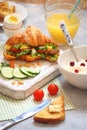 Breakfast with croissant sandwich, rice, Casas berries, boiled e Royalty Free Stock Photo