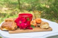 Breakfast with croissants and apricot jam in french style. Cup of coffee, hot croissants, apricots, jam and red rose flowers on Royalty Free Stock Photo