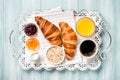 Breakfast with croissants, coffee, jam, orange juice and muesli Royalty Free Stock Photo