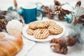 breakfast with croissants, cookies, milk or coffee and butter Royalty Free Stock Photo