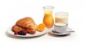 Breakfast with croissants, orange juice, milk and blackberries isolated on white created with Generative AI