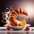 Breakfast croissants, traditional french baked pastry bun