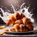 Breakfast croissants, traditional french baked pastry bun