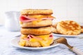 Breakfast crumpet sandwich, british pancake scones burger with cheese and ham Royalty Free Stock Photo