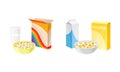 Breakfast Crunchy Cereal Poured in Bowl with Milk in Glass Vector Set