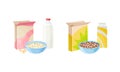 Breakfast Crunchy Cereal Poured in Bowl with Milk or Yogurt in Bottle Vector Set