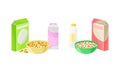 Breakfast Crunchy Cereal Poured in Bowl with Milk or Yogurt in Bottle Vector Set