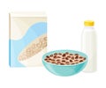 Breakfast Crunchy Cereal Poured in Bowl with Milk or Yogurt Vector Illustration