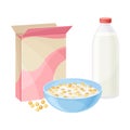 Breakfast Crunchy Cereal Poured in Bowl with Milk or Yogurt Vector Illustration