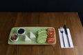 at breakfast, cucumber tomato cheese olive tray Royalty Free Stock Photo