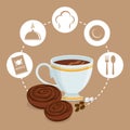 breakfast cup coffee cookies sugar badge beige background Royalty Free Stock Photo