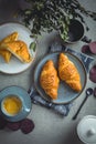 Breakfast - cup of coffee, croissants and curd cheese turnover