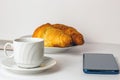 Breakfast: a cup of coffee, croissants