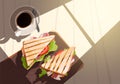 Breakfast. Cup of coffee with sandwich, top view.